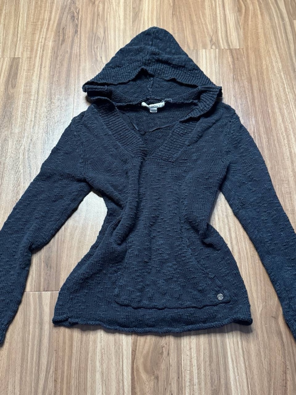 Y2K Roxy Black Hooded V-Neck Knit Pullover